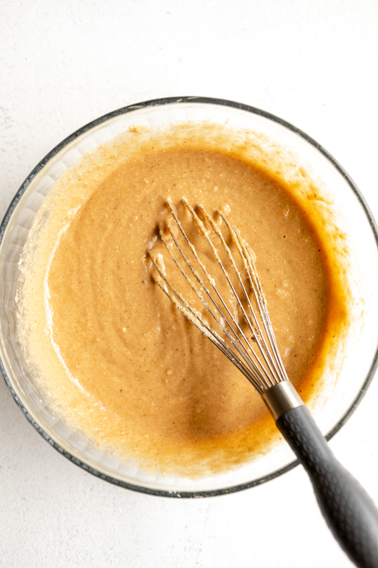 Banana bread batter being mixed.
