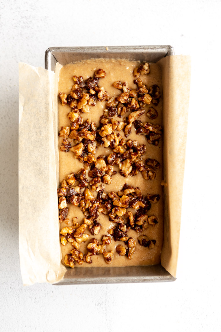 Almond Flour Banana Bread batter in a loaf pan.