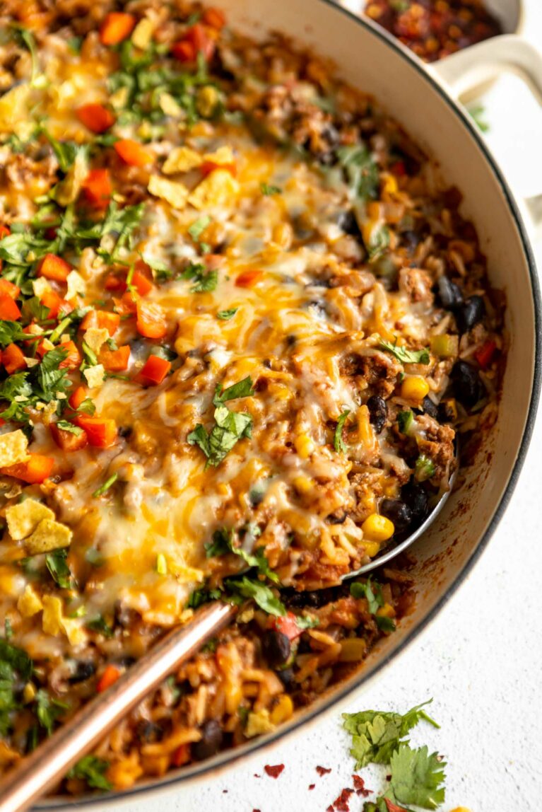 Close up angled photo of Ground Beef & Rice Casserole.