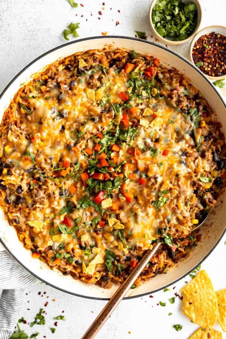 Top shot of Ground Beef & Rice Casserole recipe.