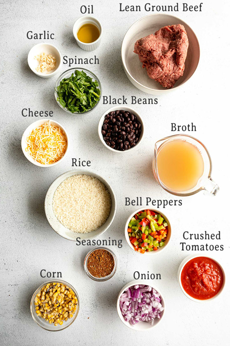 Ingredients for ground beef and rice casserole recipe.