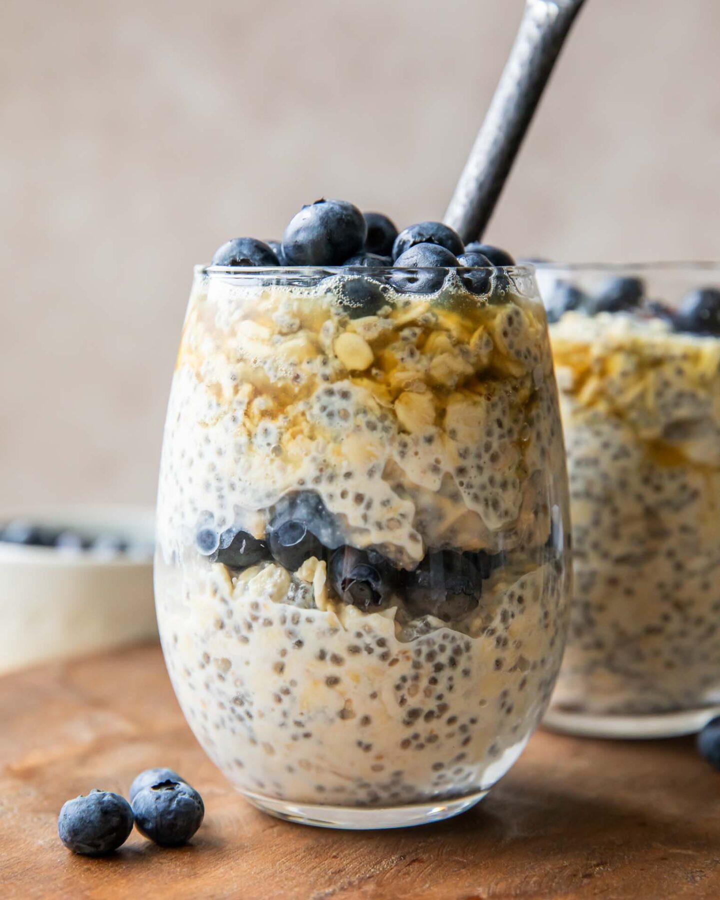 Close up of Easy Blueberry Chia Overnight Oats recipe.