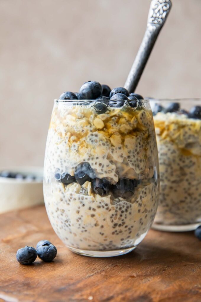 Close up of Easy Blueberry Chia Overnight Oats recipe.