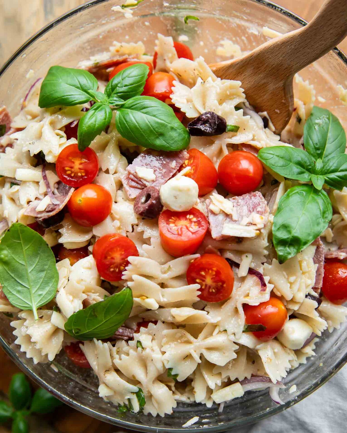 Close up of pasta salad recipe.