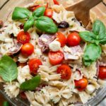 Close up of pasta salad recipe.