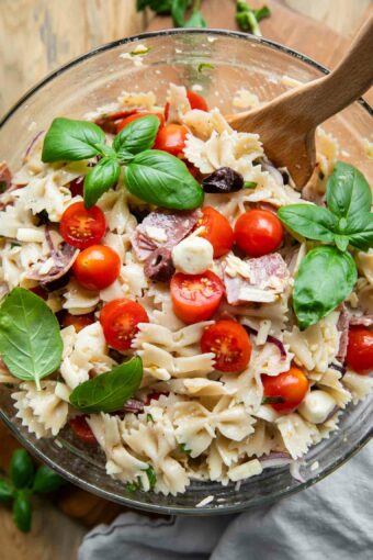 Close up of pasta salad recipe.
