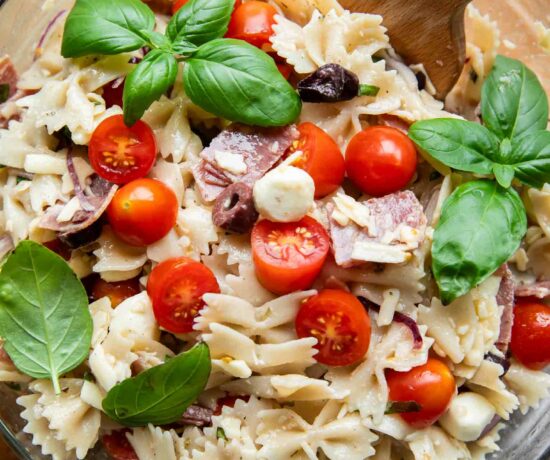 Close up of pasta salad recipe.