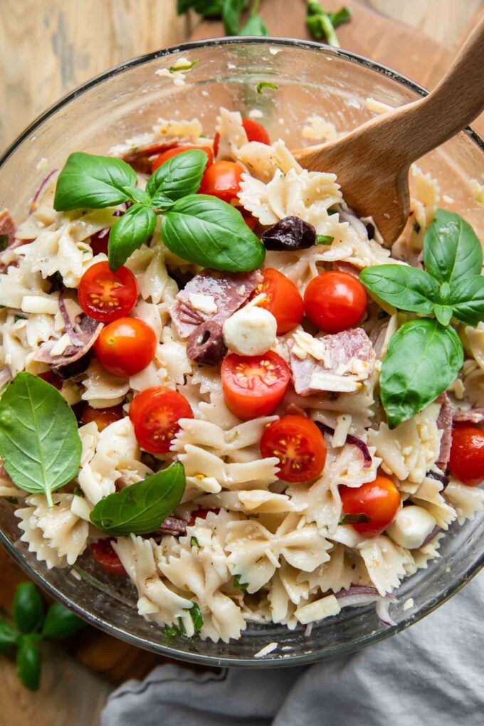 Close up of pasta salad recipe.
