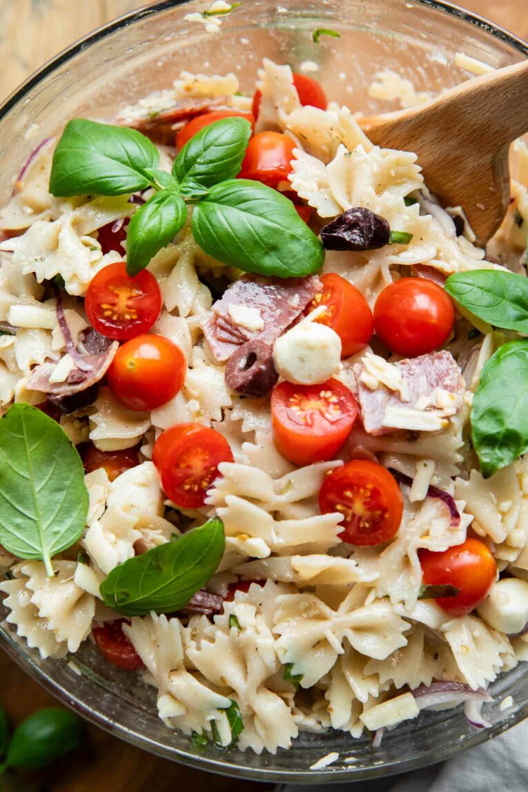 Close up of Creamy Italian Pasta Salad.