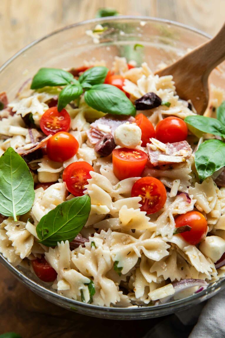 Angled photo of Creamy Italian Pasta Salad.