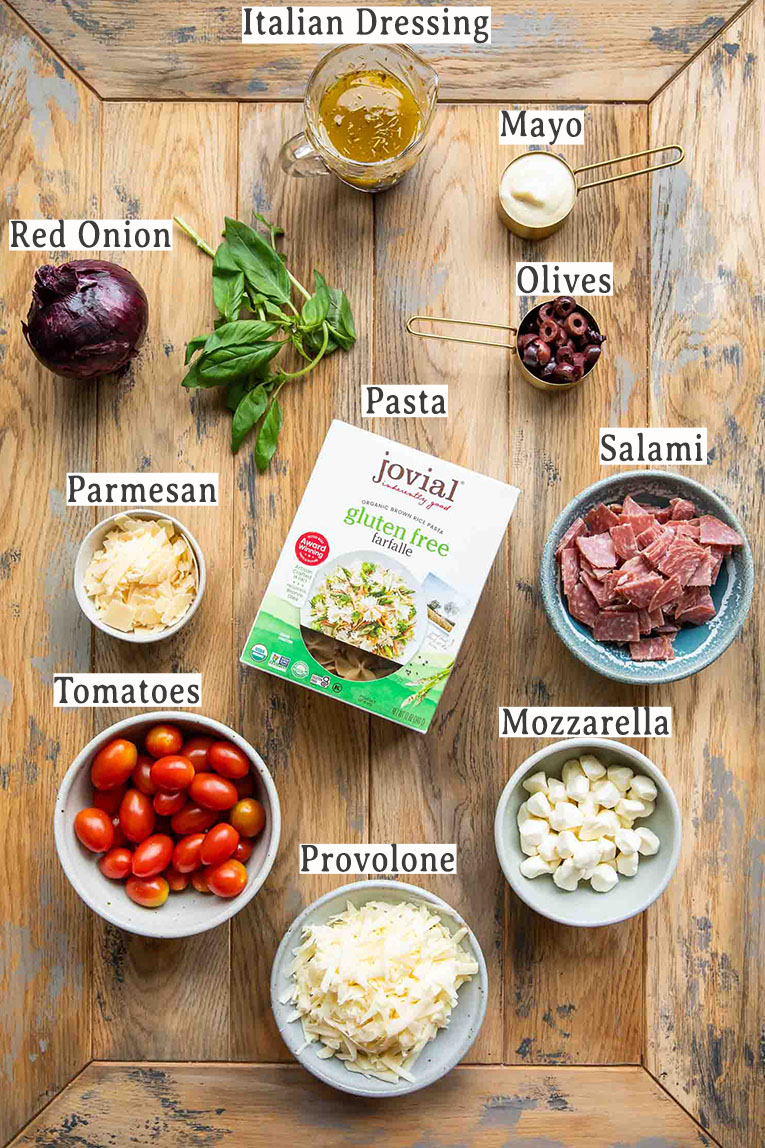 Ingredients for Italian Pasta Salad recipe.