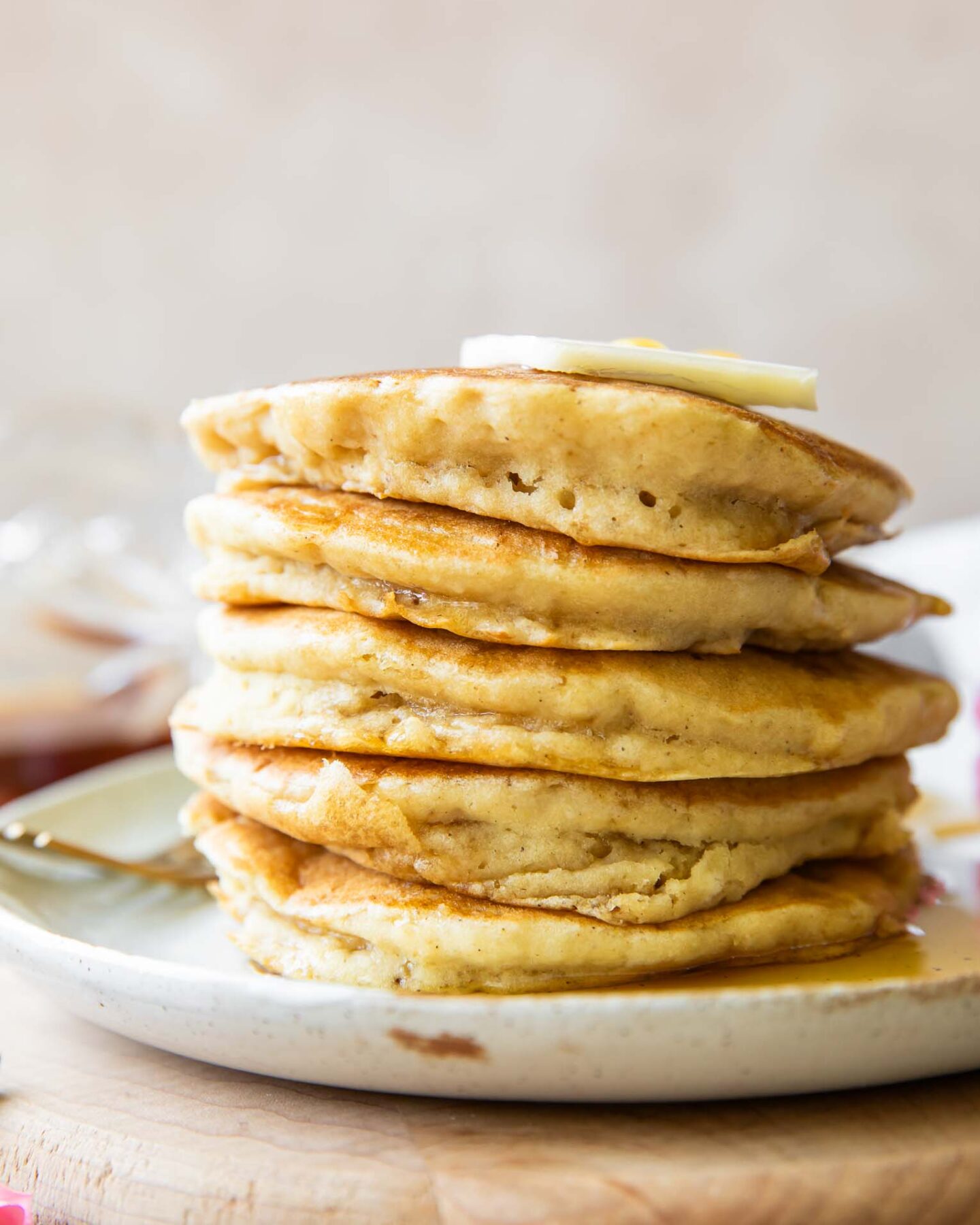 Close up of Gluten-Free Pancakes stacked on a plate.