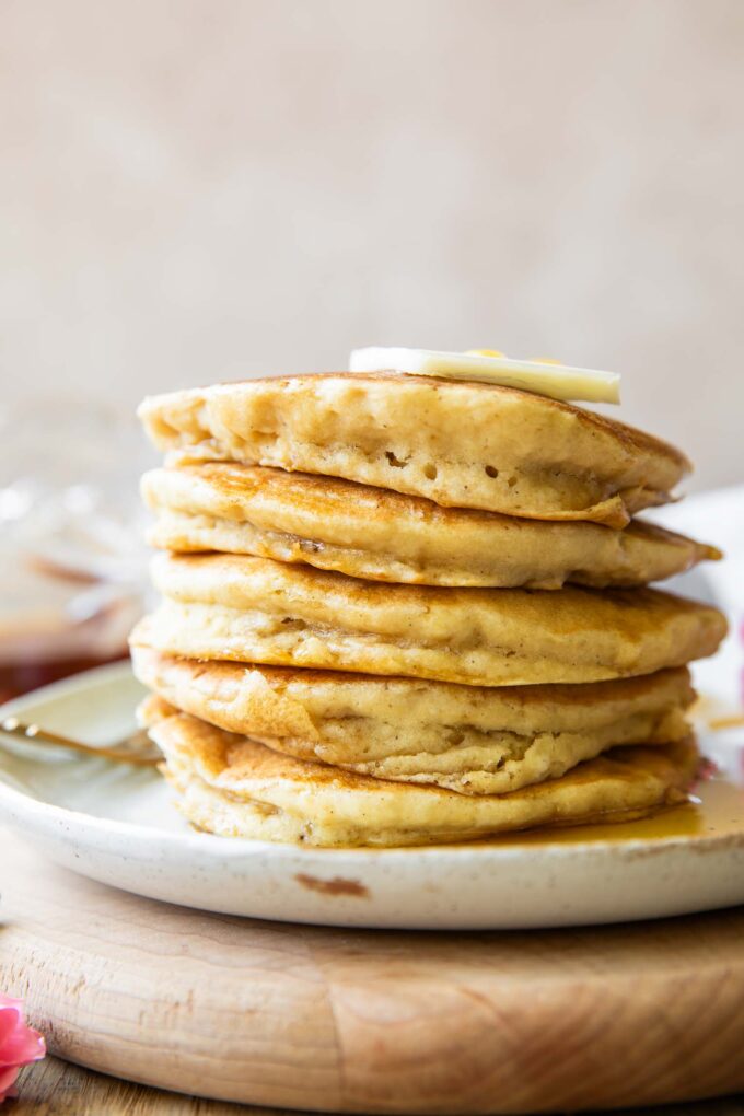 Close up of Gluten-Free Pancakes stacked on a plate.