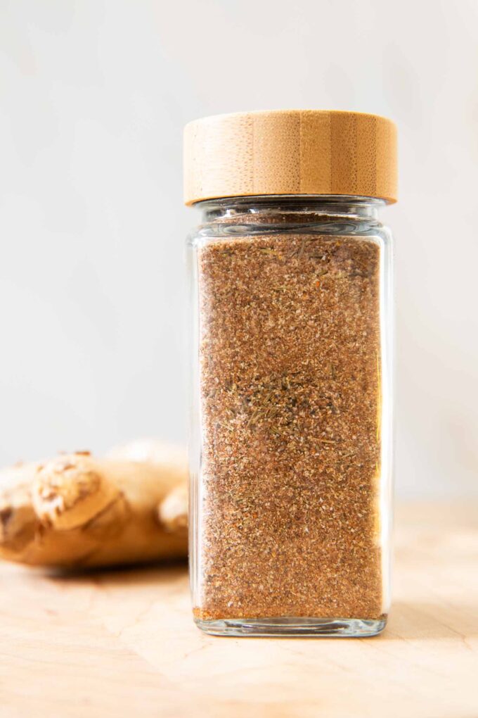 Close up Jerk Seasoning in a spice jar.