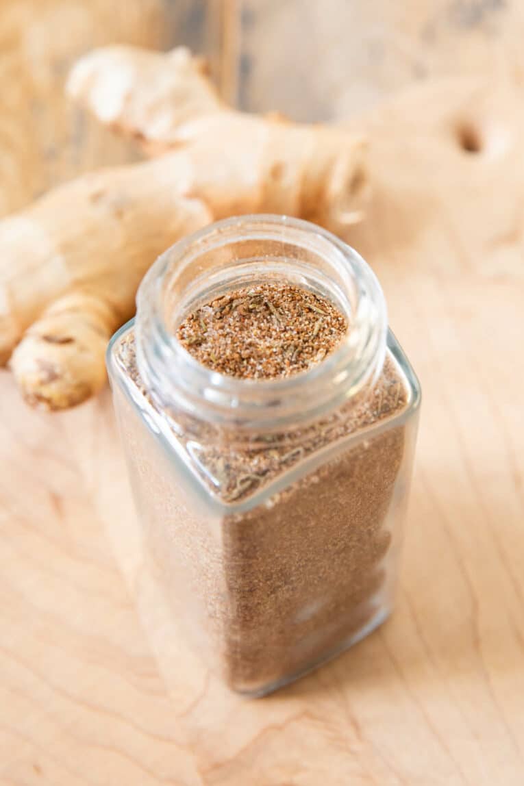 Angled close up of jerk chicken seasoning.