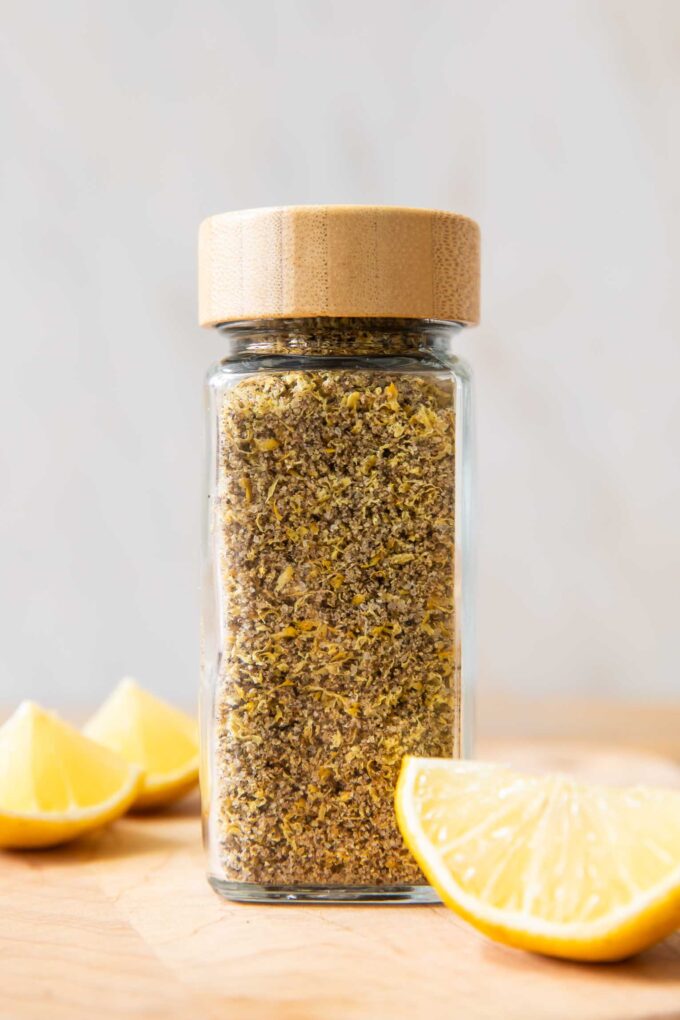 Lemon Pepper Seasoning in a glass jar.