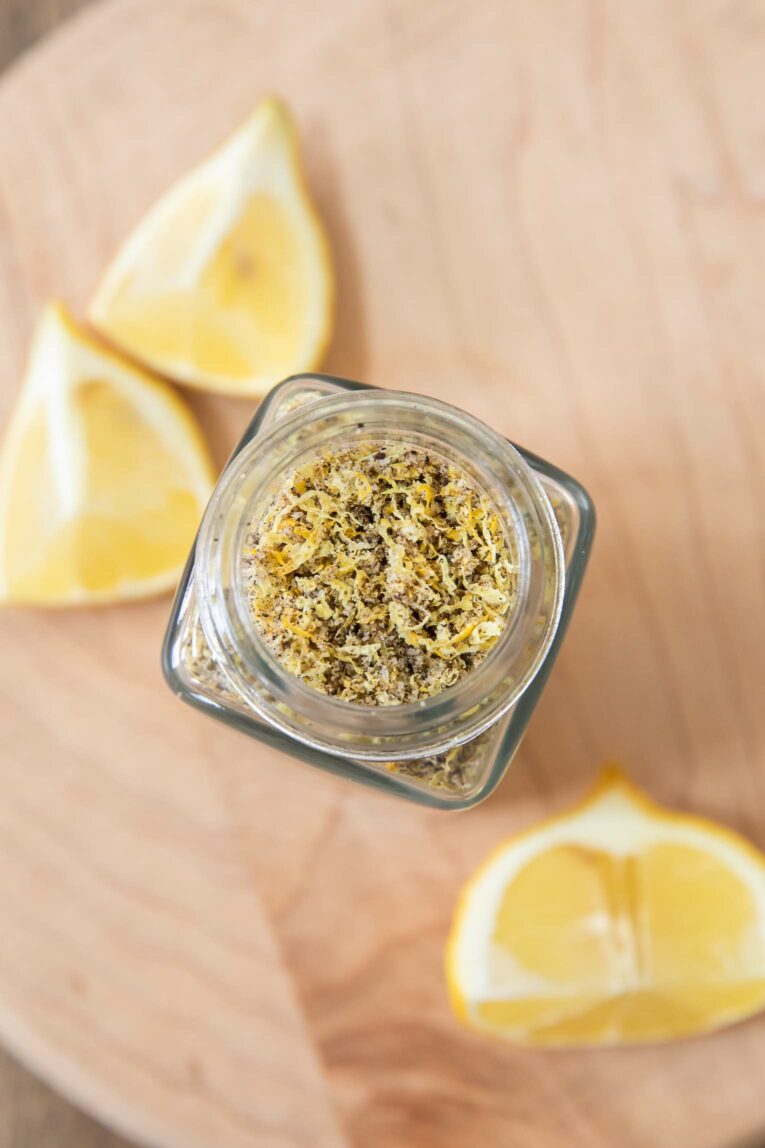 Top shot of Lemon Pepper Seasoning in a jar.