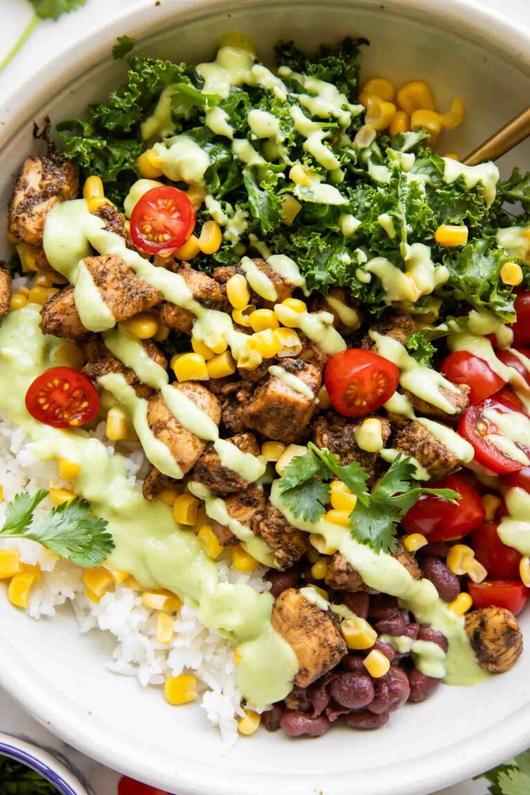 Close up of Southwest Chicken Burrito Bowl recipe.