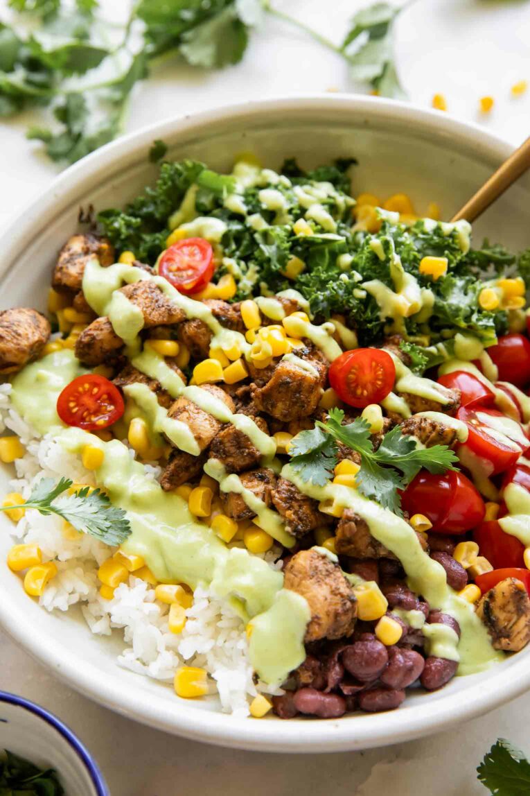 Angled photo of Meal Prep Southwest Chicken Burrito Bowl.