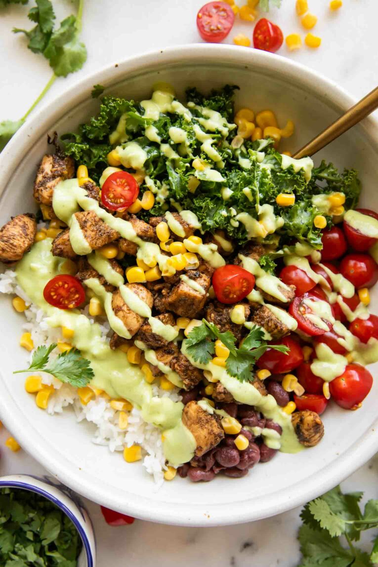 Top shot photo of Meal Prep Southwest Chicken Burrito Bowls recipe.