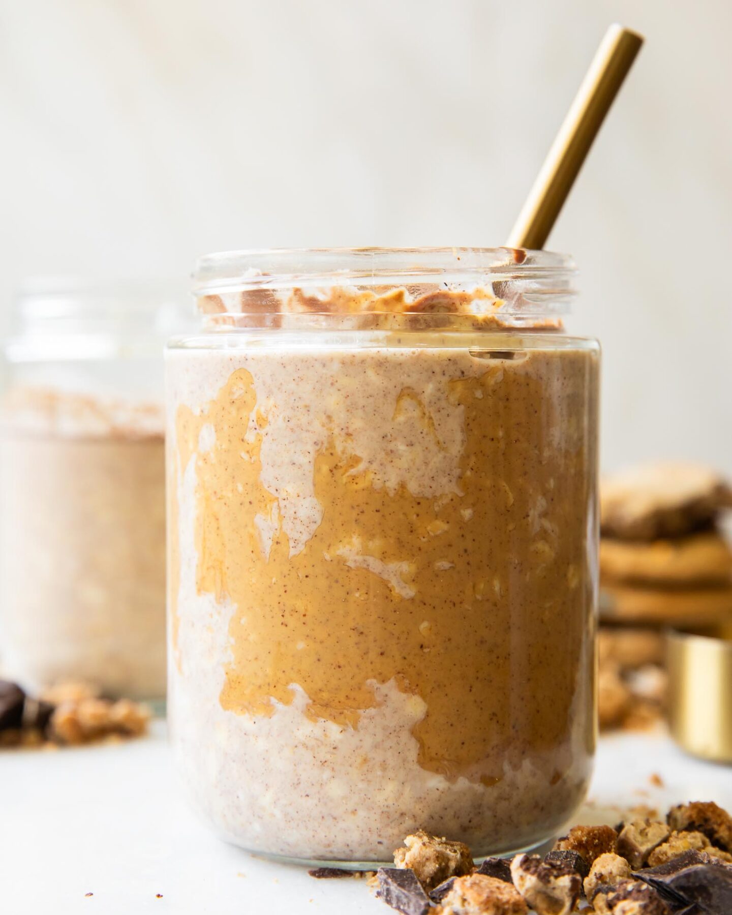 Close up of jar of Peanut Butter Overnight Oats.