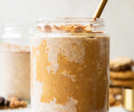 Close up of jar of Peanut Butter Overnight Oats.
