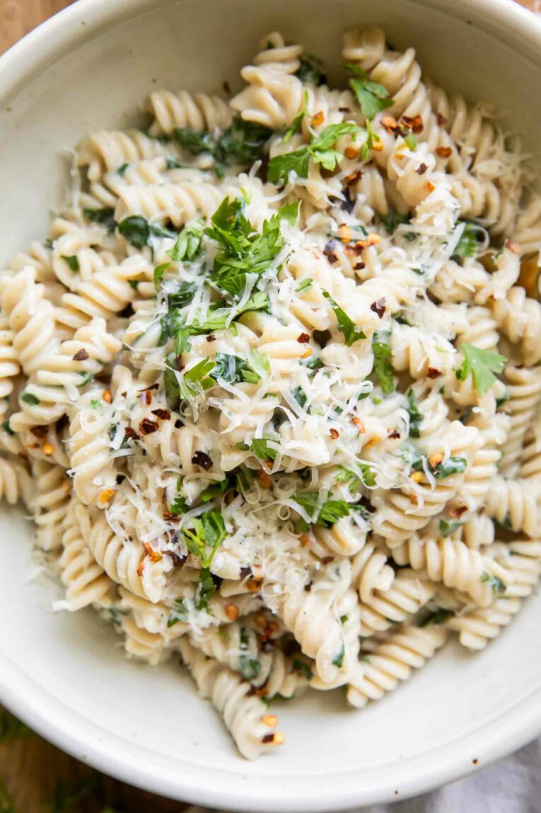 Close up of Protein Pasta Recipe in a large bowl.
