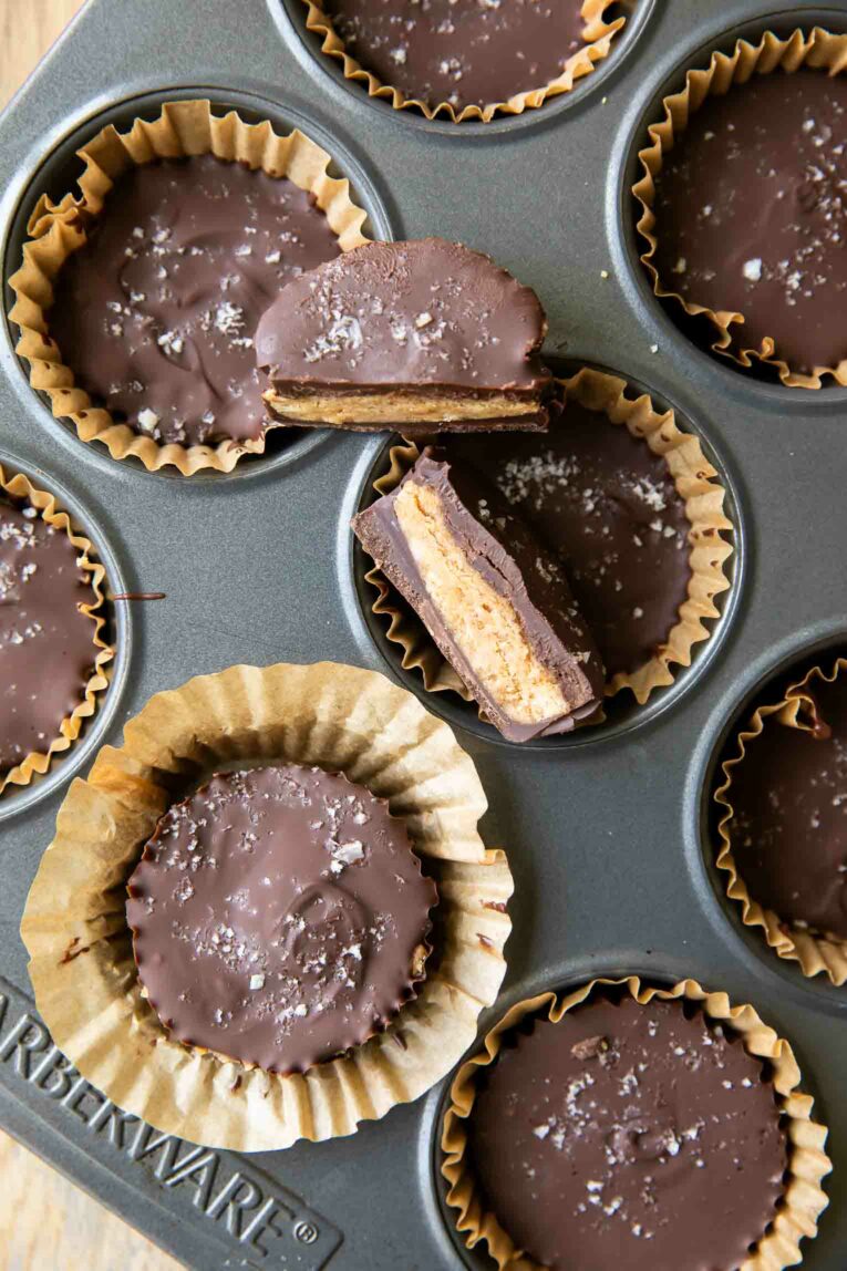 Top shot photo of Protein Peanut Butter Cups in a muffin tin.