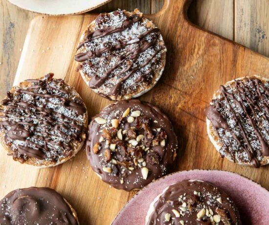Rice Cake Treat Recipes 4 different ways on a wooden table.