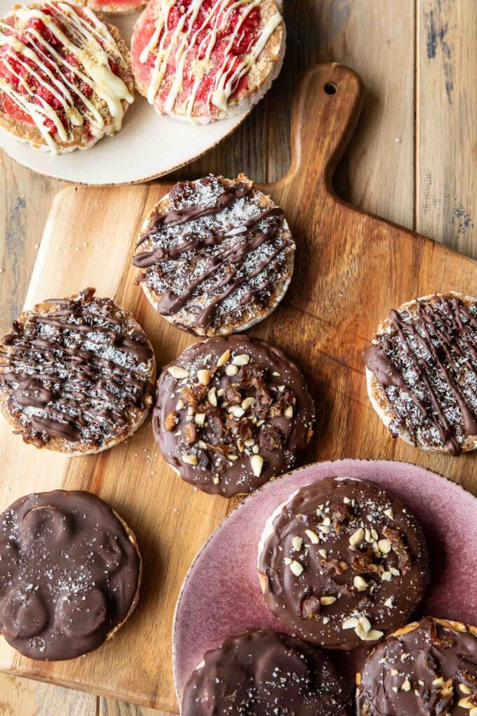 Rice Cake Treat Recipes 4 different ways on a wooden table.