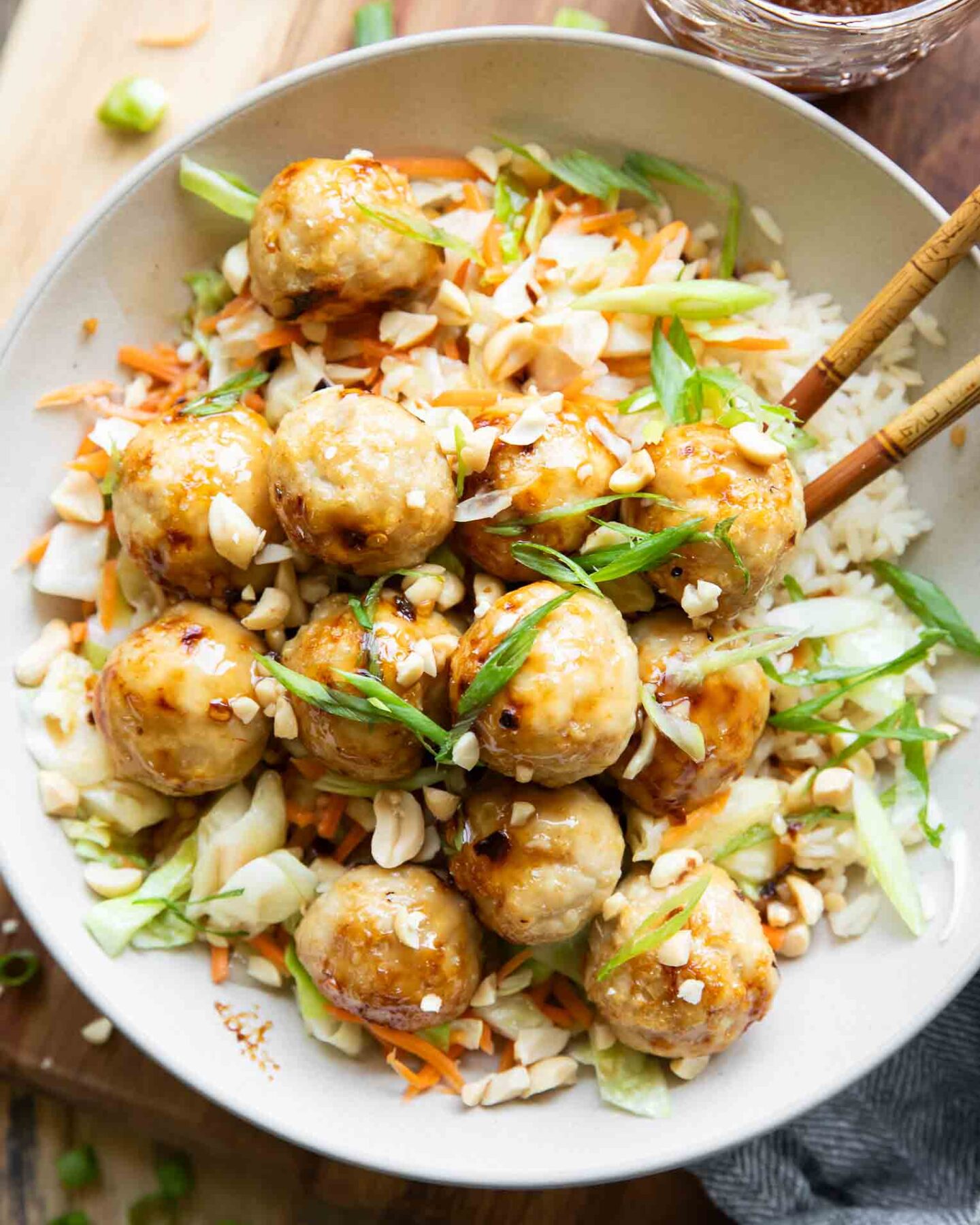Top shot of Sweet Chili Chicken Meatball Bowls recipe.