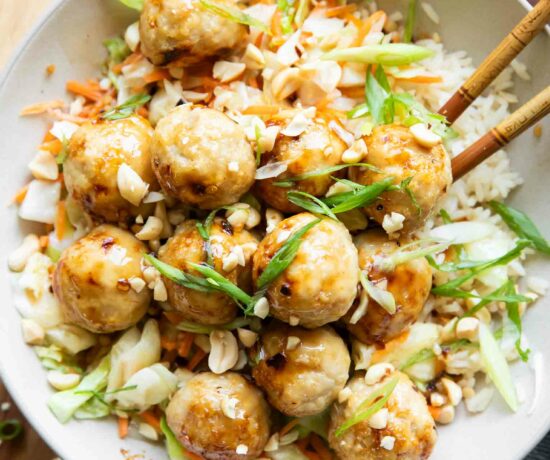 Top shot of Sweet Chili Chicken Meatball Bowls recipe.