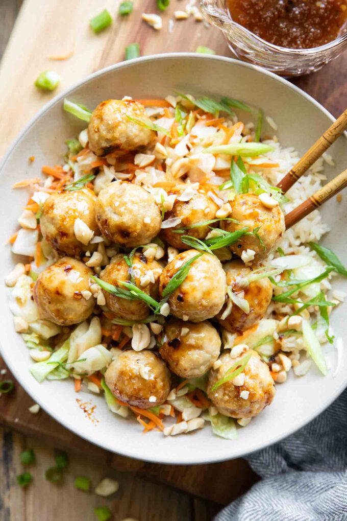 Top shot of Sweet Chili Chicken Meatball Bowls recipe.