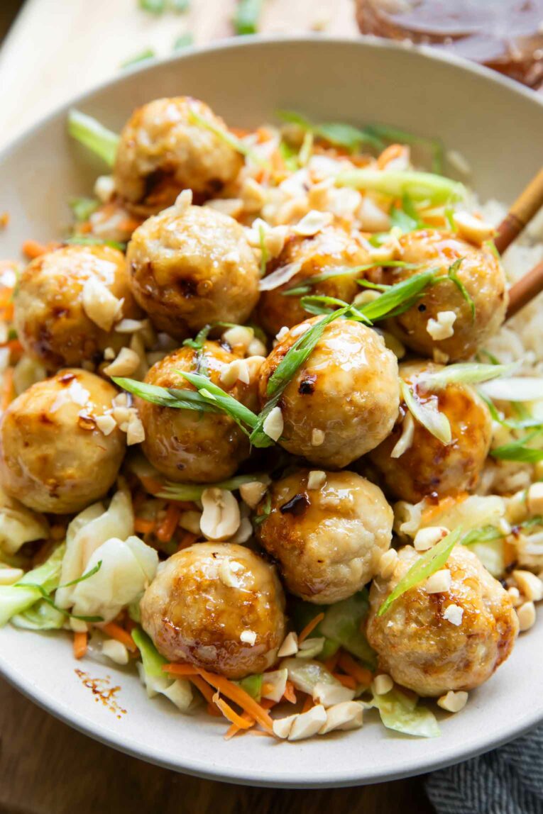 Close up angle of Sweet Chili Chicken Meatball Bowl.