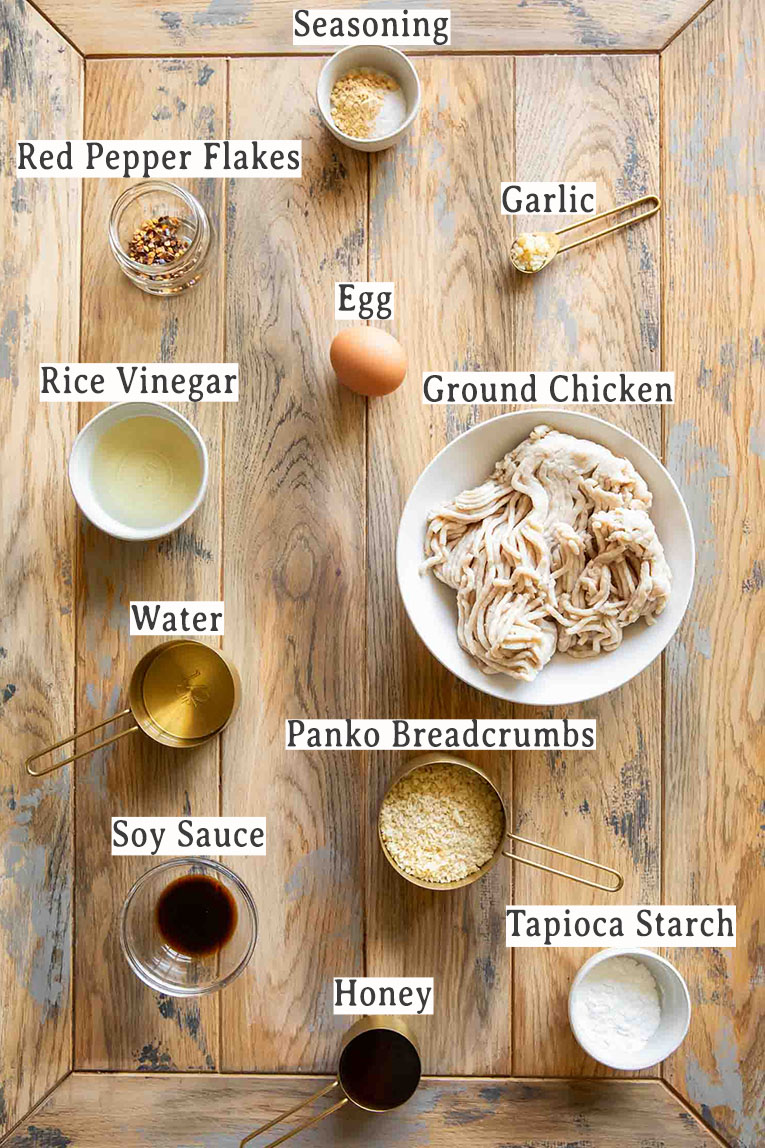 Ingredients for chicken meatballs and sweet chili sauce.
