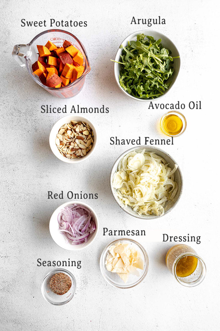 Ingredients for sweet potato shaved fennel salad recipe.