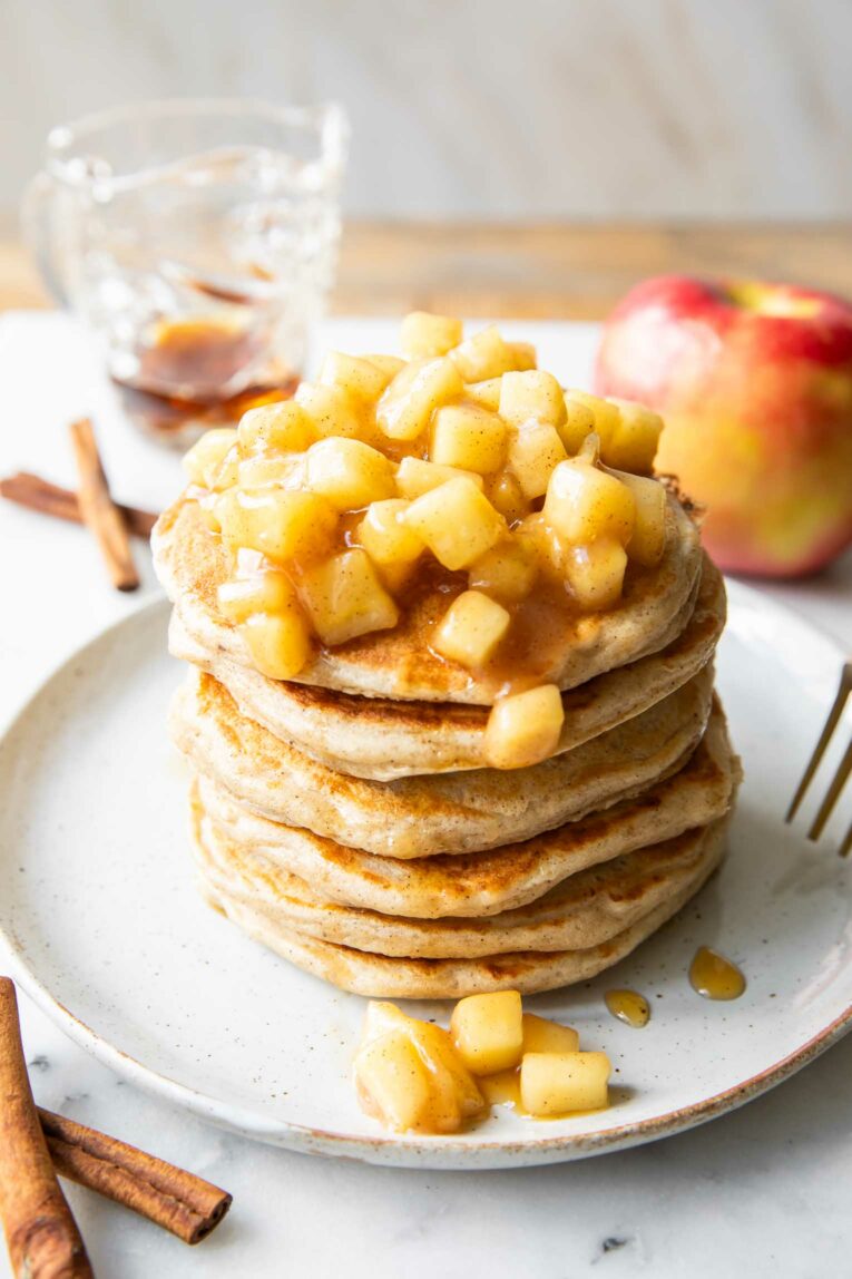Angled photo of Apple Pie Pancakes.