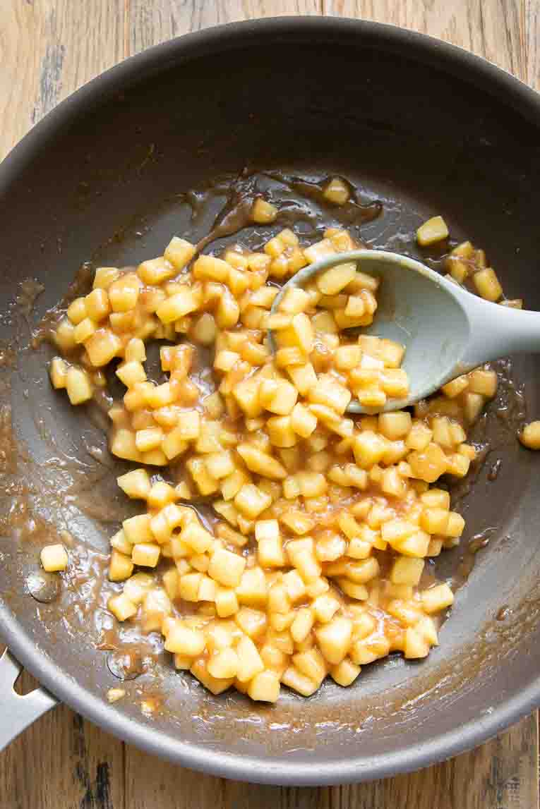 Apple pie topping in a skillet.