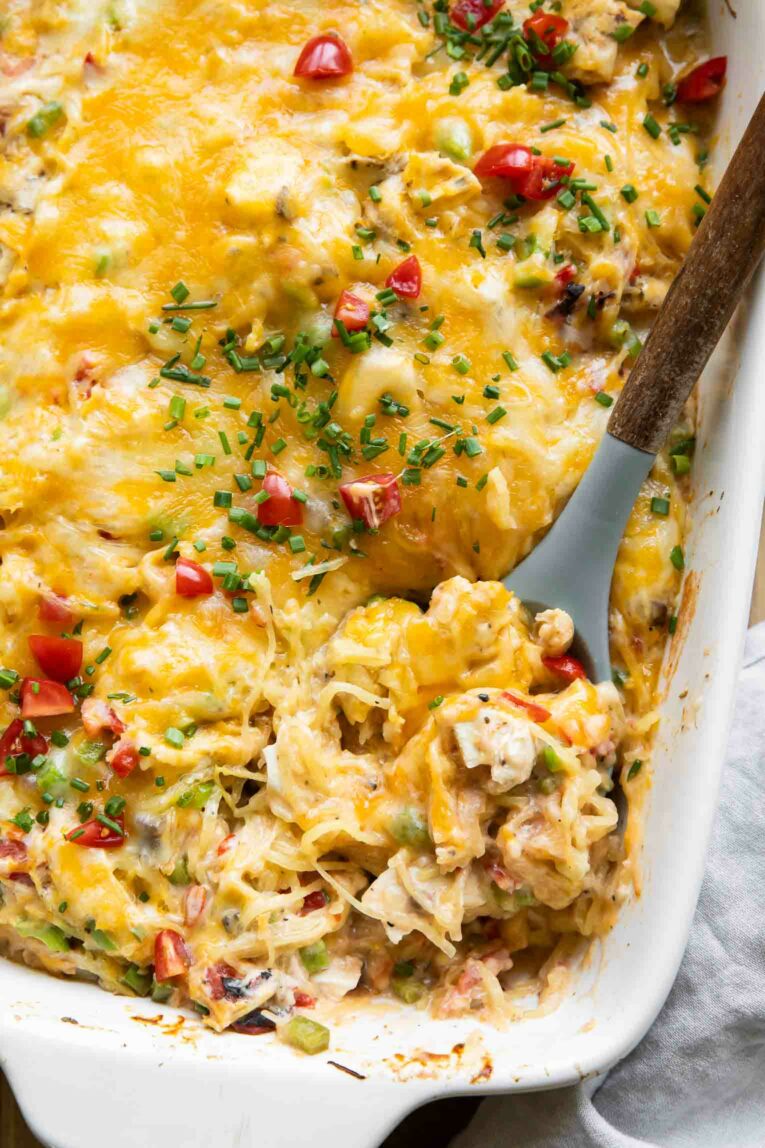 Close up of Cheesy Chicken Spaghetti Squash Casserole.