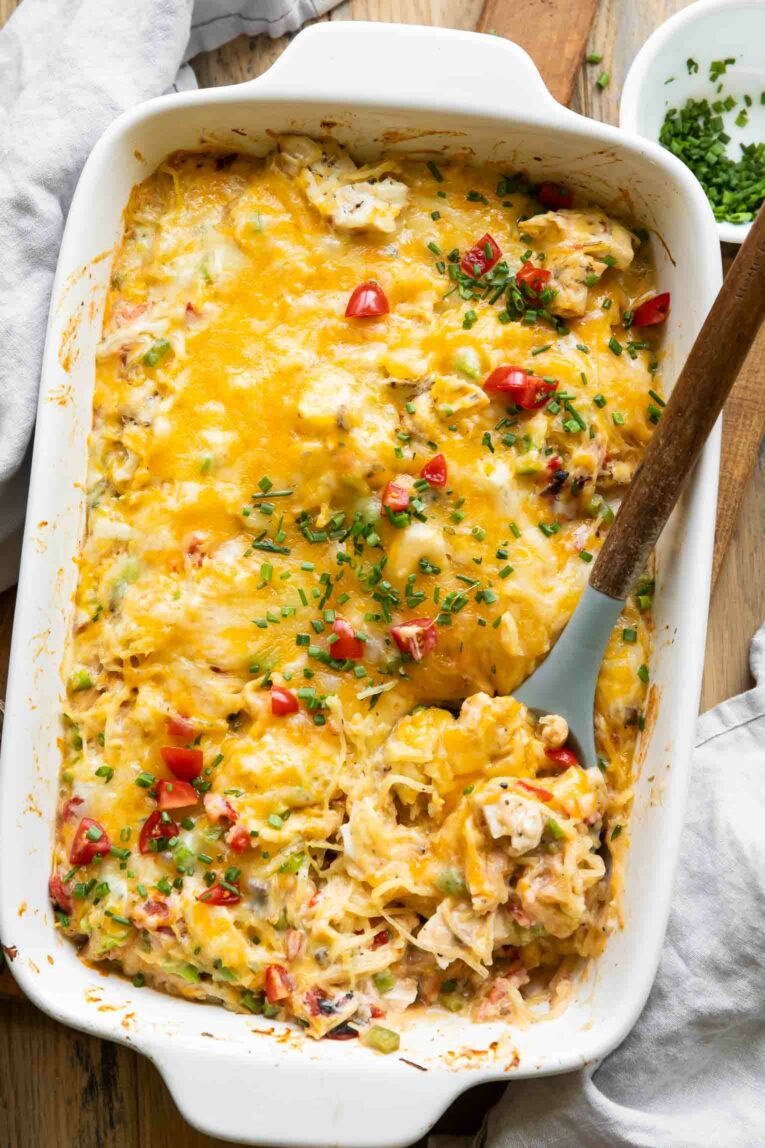 Top shot of Cheesy Chicken Spaghetti Squash Casserole.