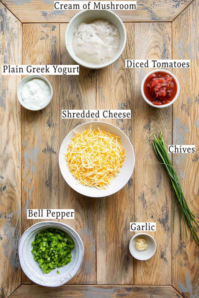 Ingredients for Cheesy Chicken Spaghetti Squash Casserole recipe toppings and mix-ins.