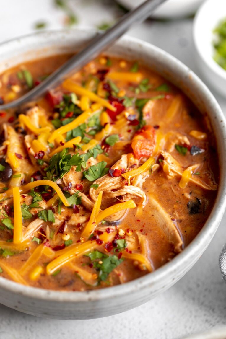 Angled close up of classic Chicken Taco Soup.