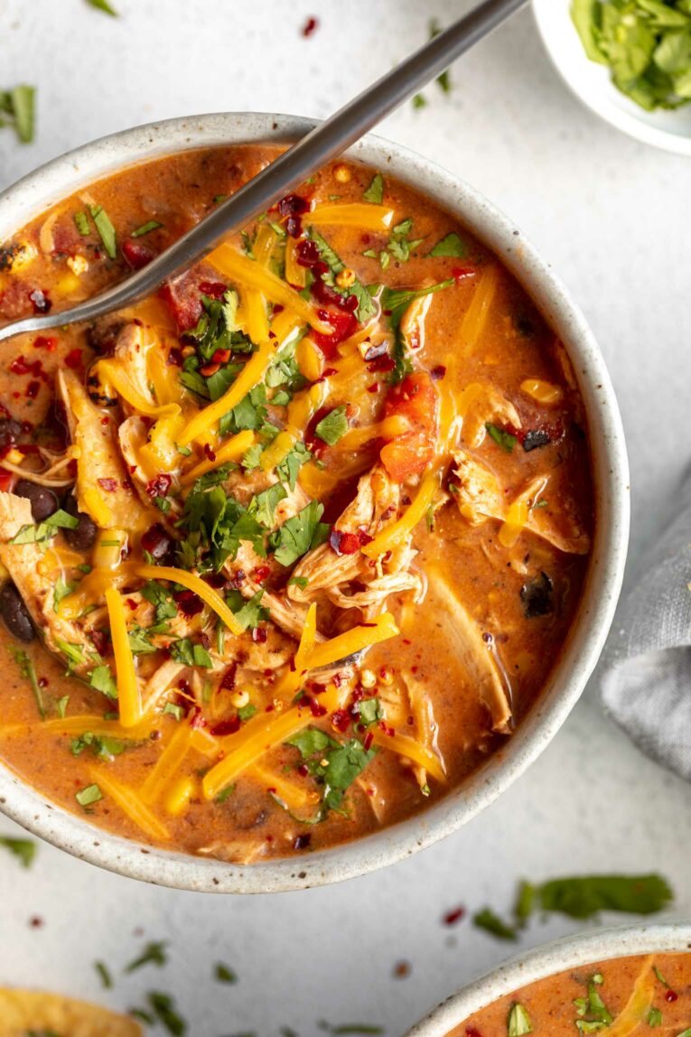Top shot photo of Chicken Taco Soup recipe in a bowl.