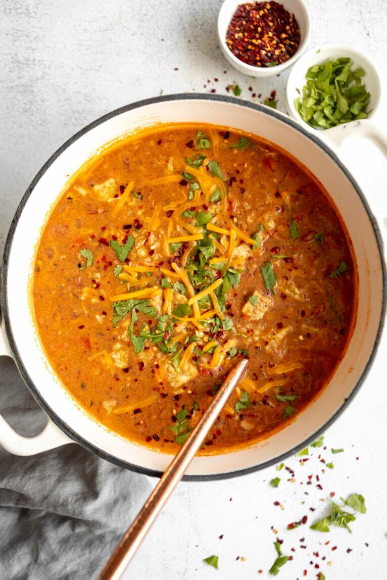 Easy Chicken Taco Soup in a dutch oven.