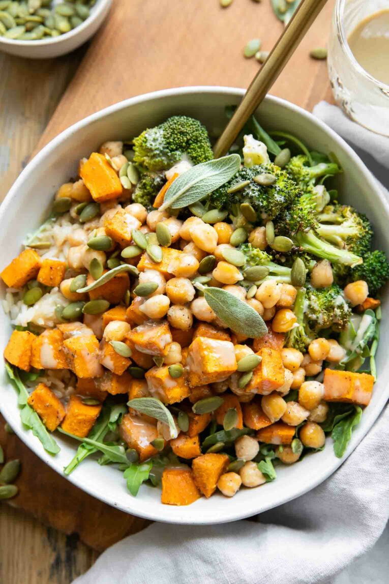 Chickpea Sweet Potato Bowls recipe with a napkin.