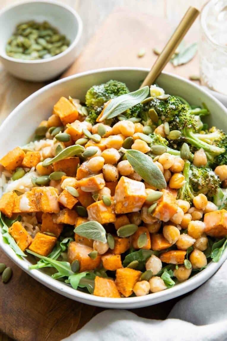 Angled photo of Chickpea Sweet Potato Bowl recipe.