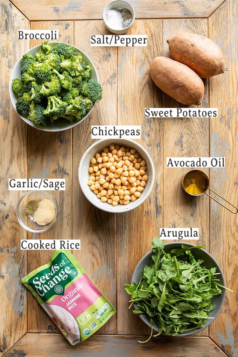 Ingredients for roasted Chickpea Sweet Potato Bowls.