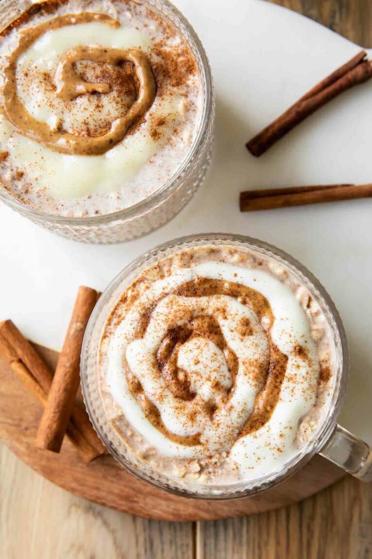 Two jars of Cinnamon Roll Overnight Oats.