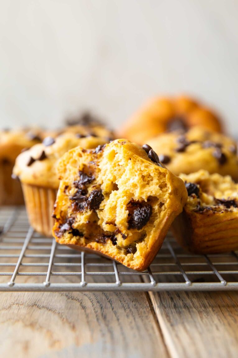 Close up of Pumpkin Cottage Cheese Muffin cut in half.