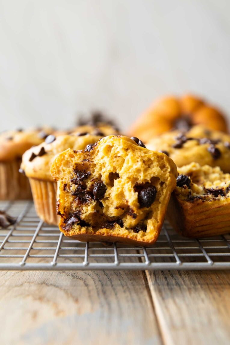 Cottage Cheese Muffin with chocolate chips across photo.
